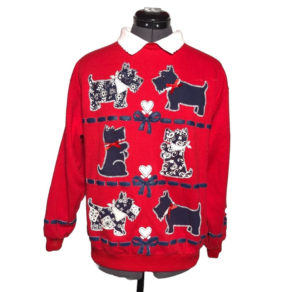 Vintage 90s Scottie Dog Granny Collared Sweatshirt Pullover Spumoni L B42"‎